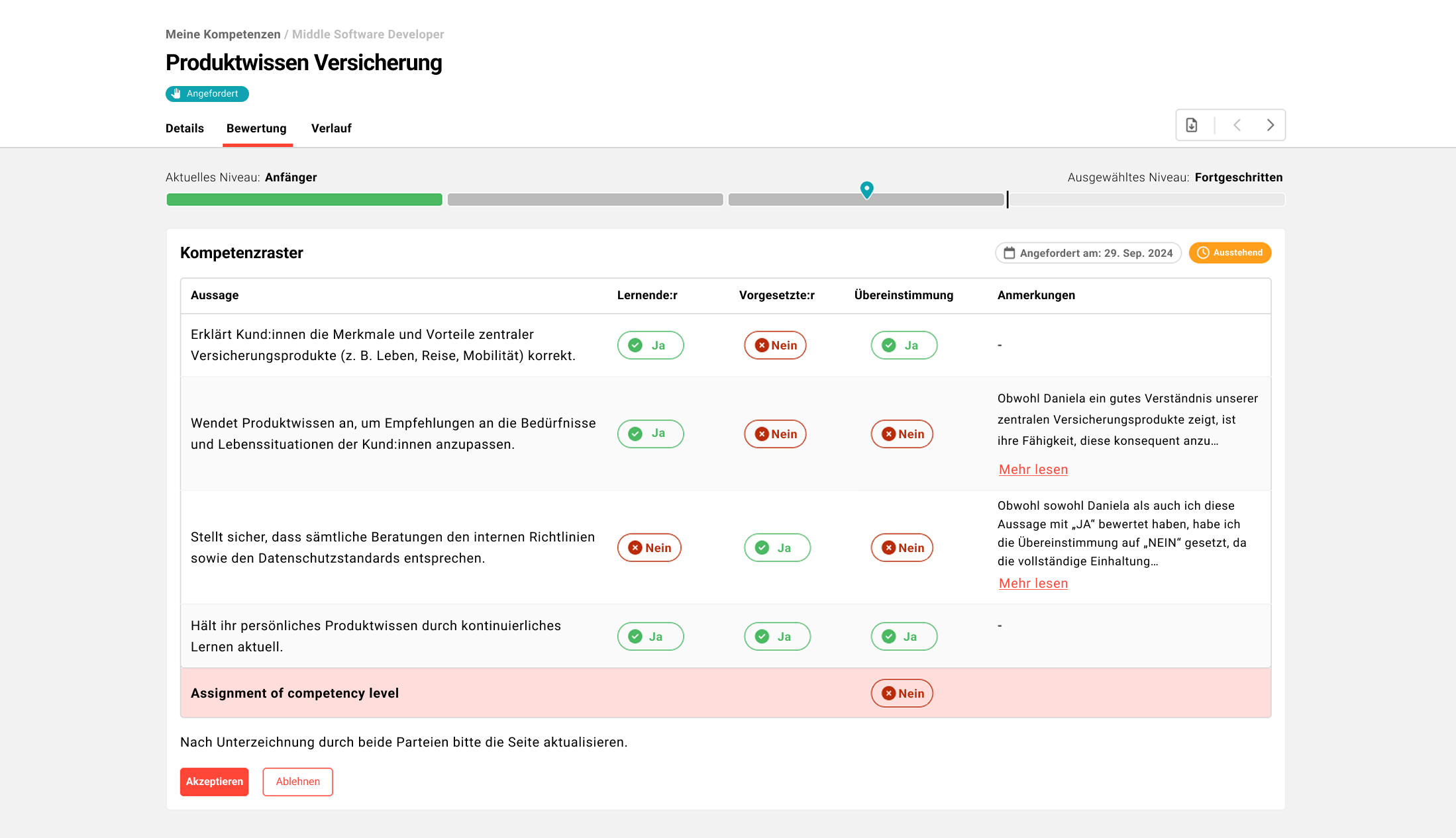Bildschirmfoto von der neuen Funktion 2 im IP14.27 Skill-Level-Bewertung