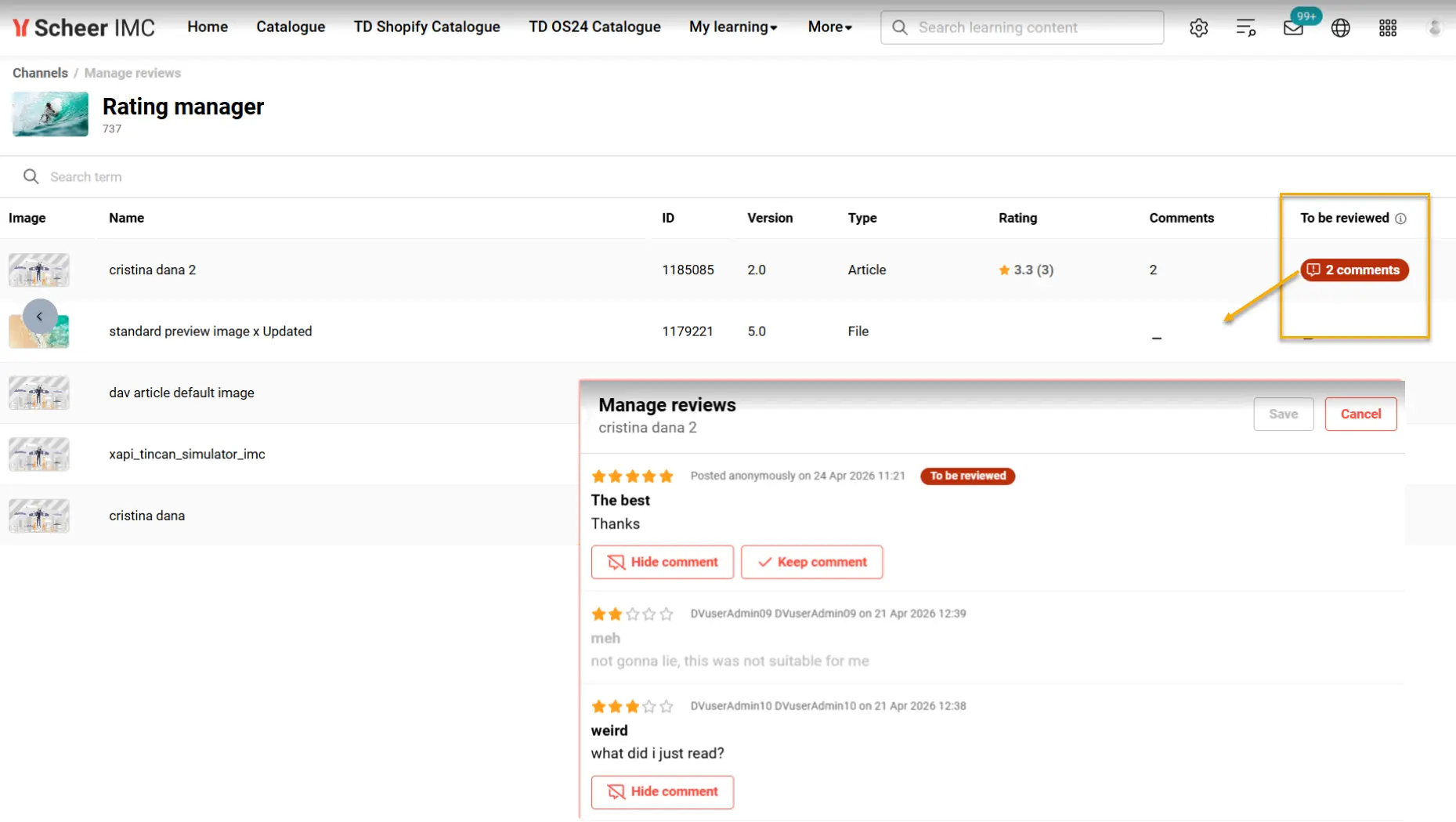 Bereich Manage reviews im Channel Manager mit Kommentaren zur Prüfung
