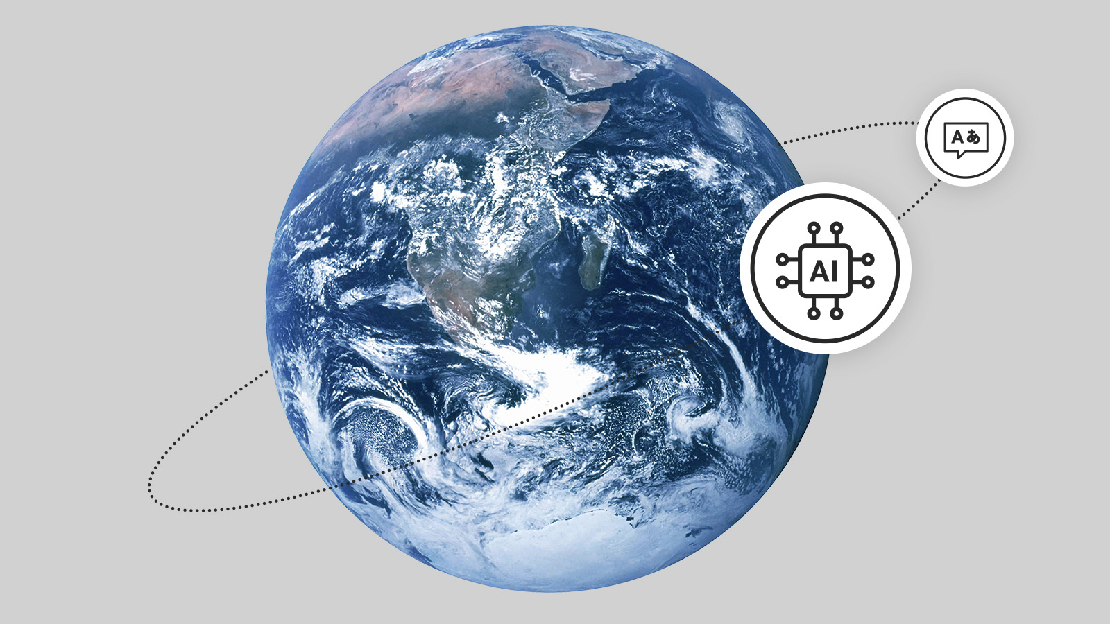 globe orbited by icons representing ai and translation
