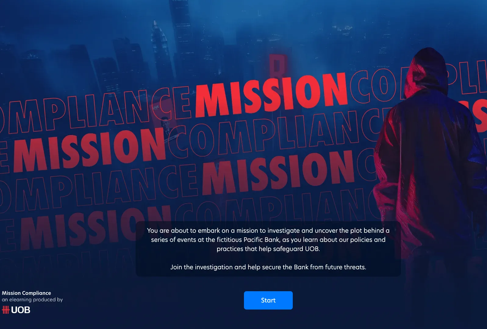 Screenshot of Mission: Compliance training for UOB start screen