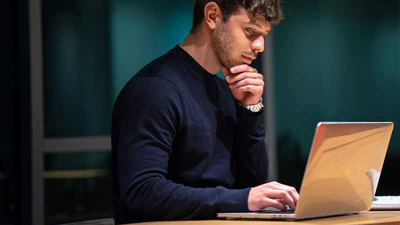 Individual looking at their laptop deciding on an enterprise LMS platform