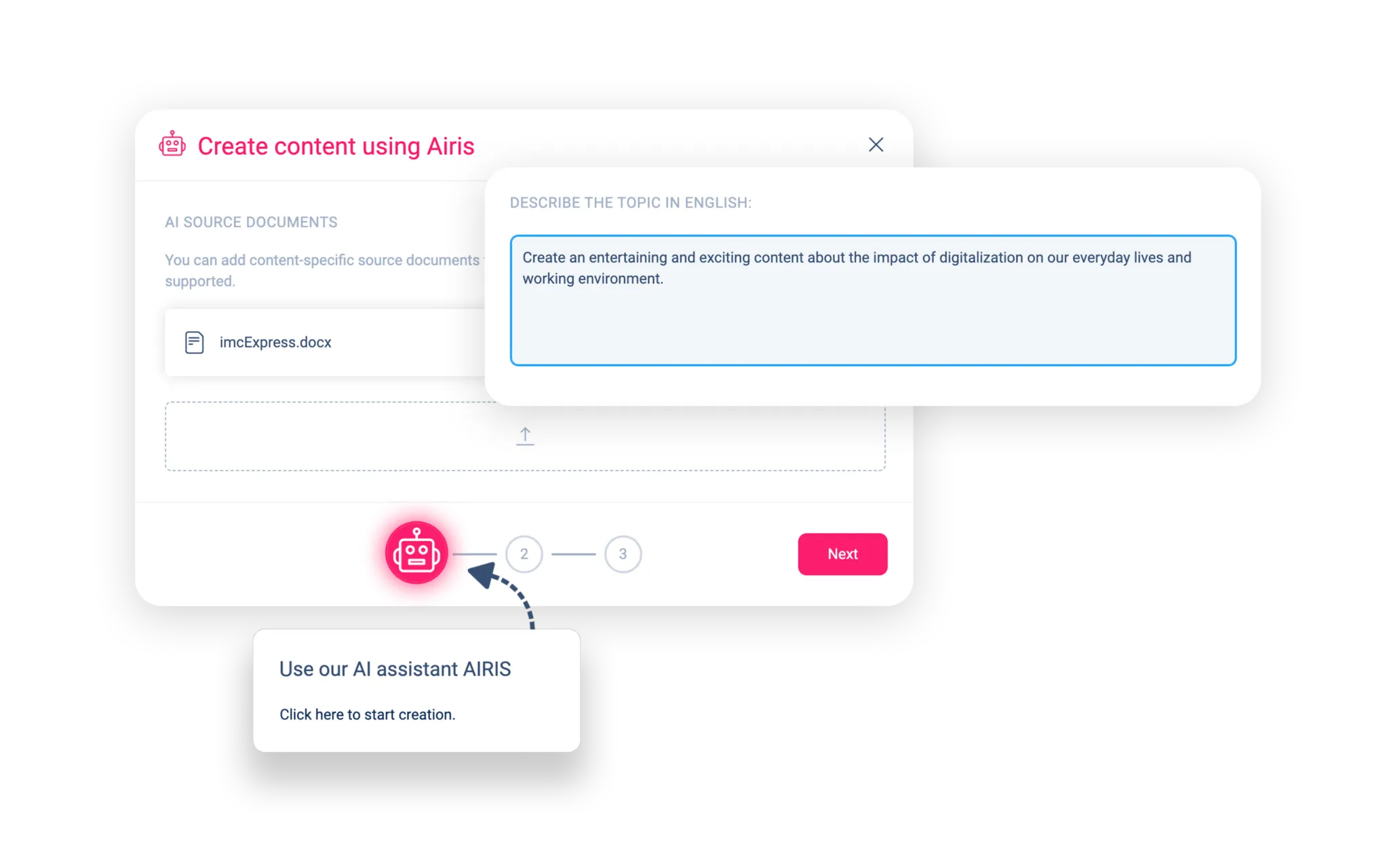 Screenshot of quick content creation with imc Express