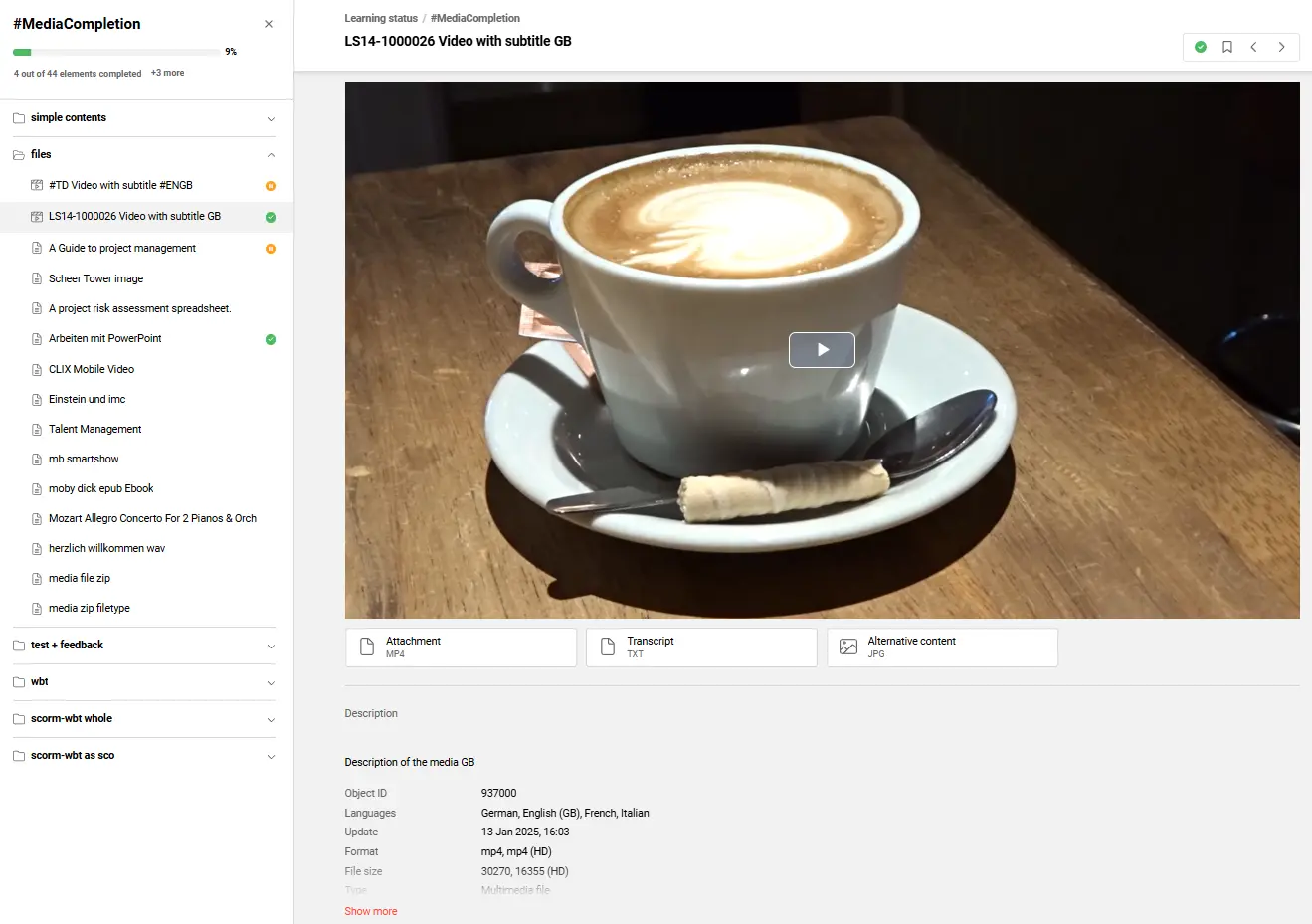 Redesigned media page for a multimedia object showing completion status inside a course