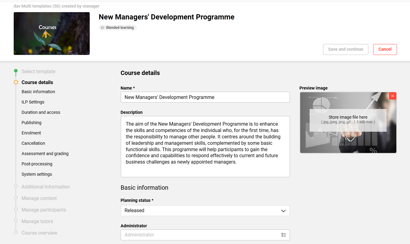 Screenshot of the easy course creation design modernisation within IP14.30 for the imc Learning Suite.