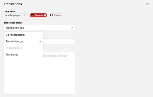 Screenshot of the easy course creation multi-language support within IP 14.30 for the imc Learning Suite.