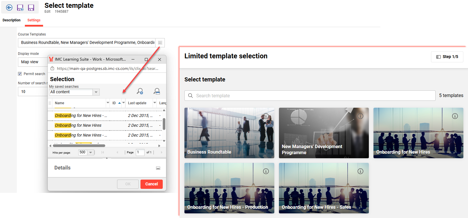 Screenshot of the multiple predefined templates selection within IP 14.30 for the imc Learning Suite.